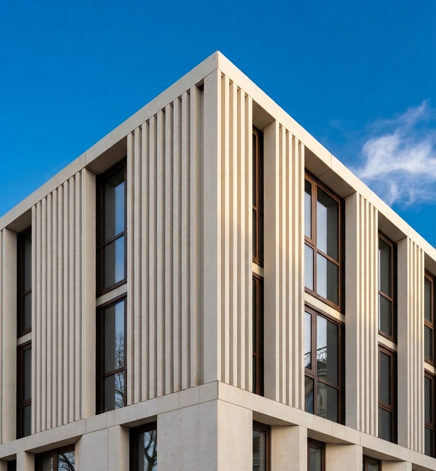 Inquadratura dal basso dell'angolo superiore di un edificio moderno con facciata in pietra chiara, scanalature verticali e ampie finestre scure contro un cielo azzurro.