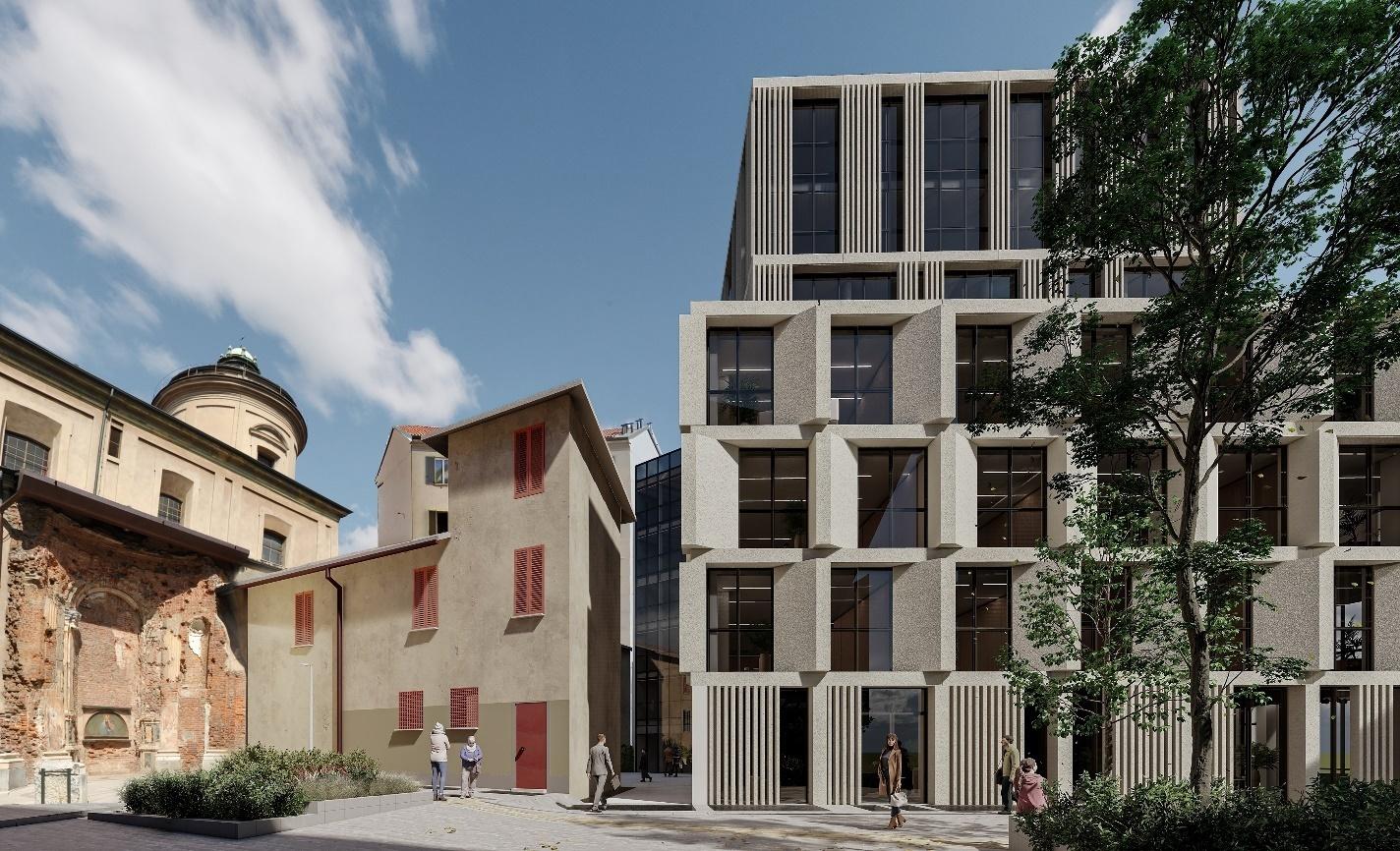 Rendering architettonico di un moderno edificio in pietra chiara con facciata geometrica, adiacente ad antichi edifici storici con cupola sullo sfondo.