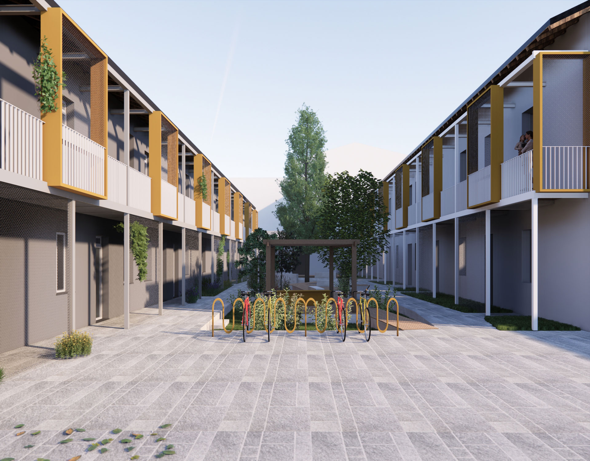 Vista di progetto del complesso residenziale di Legnano, con corte interna, portabiciclette e ballatoi con cornici gialle