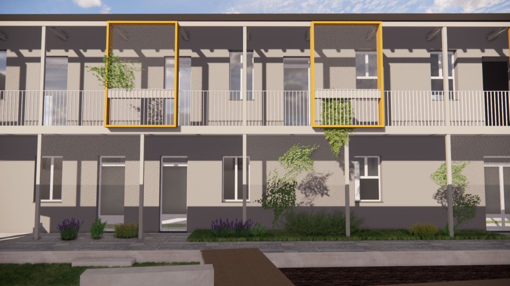 Edificio del complesso residenziale visto dalla strada, con vano vetrato, terrazza e scala di accesso esterna