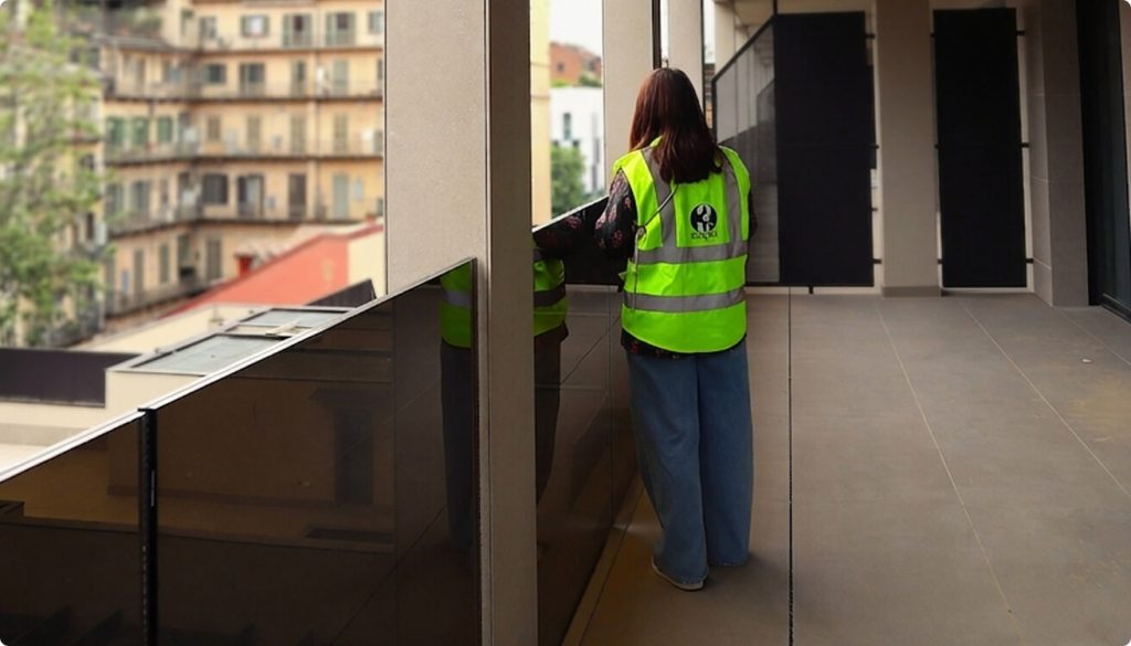 Persona con gilet ad alta visibilità verde vista di spalle mentre si affaccia dal balcone di un edificio in fase di costruzione o ispezione.