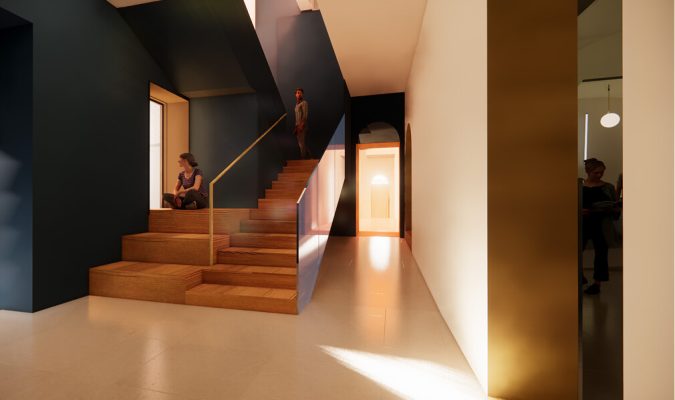 Rendering architettonico di un interno moderno con una scalinata in legno e pareti scure, dove una persona è seduta sui gradini e un'altra si trova in cima alle scale.